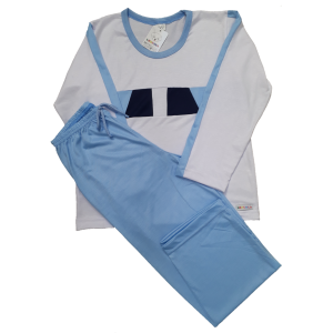 0350 Pijama Branco com Faixa Branco Azul e Preta com Calça Azul 8